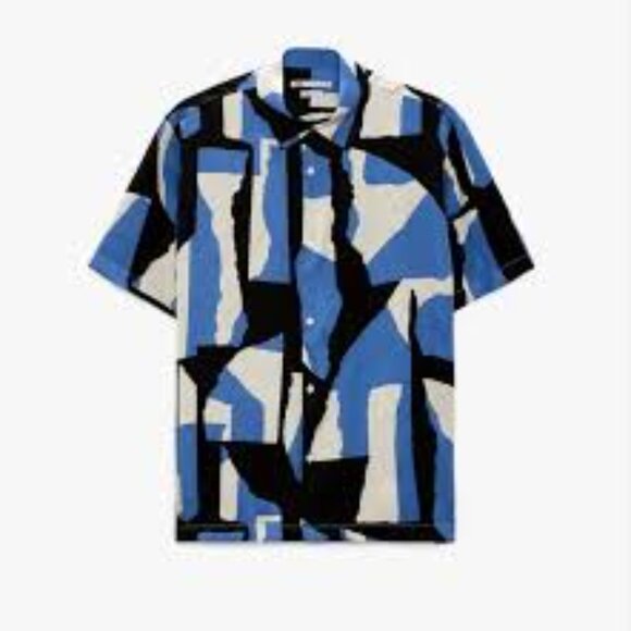 Zara Other - Zara Shirt Men's Med Blue Black Regular Fit 100% Viscose Geometric 70s Disco